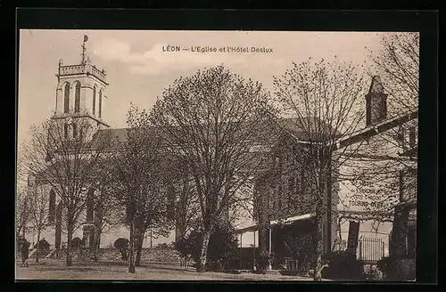 AK Léon, L`Eglise et l`Hotel Deslux