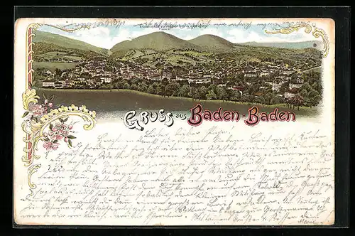 Lithographie Baden-Baden, Totalansicht v. Friesenberg gesehen