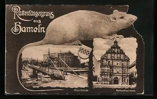 AK Hameln, Weserbrücke, Rattenfängerhaus