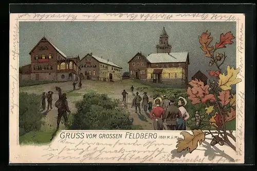 Künstler-AK Feldberg /Ts., Häuser und Besucher auf dem Grossen Feldberg