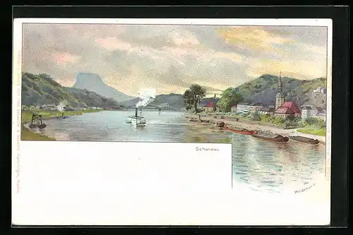 Lithographie Schandau, Flusspartie mit Berglandschaft