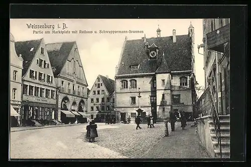 AK Weissenburg i. B., Partie am Marktplatz mit Rathaus und Schweppermann-Brunnen