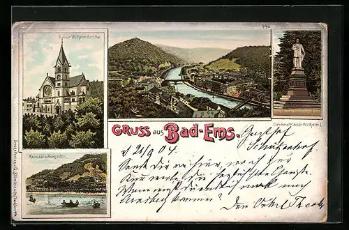 Lithographie Bad-Ems, Kursaal und Kurgarten, Kaiser Wilhelm-Kirche, Denkmal Kaiser Wihelm I.