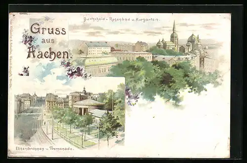 Lithographie Burtscheid, Rosenbad und Kurgarten, Elisenbrunnen und Promenade