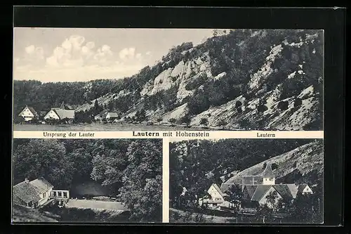 AK Lautern mit Hohenstein, Panoroma, Ortspartie mit Kirche, Ursprung der Lauter