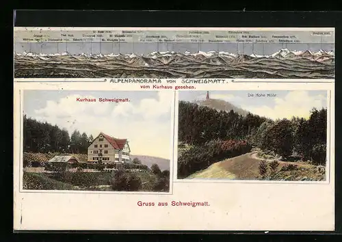 AK Schweigmatt, Kurhaus Schweigmatt, Die Hohe Möhr, Alpenpanorama mit Bristenstock, Tödi und Jungfrau