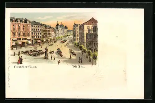 Lithographie Frankfurt a. Main, Strasse die Zeil mit Hotel Milaki und Strassenbahn