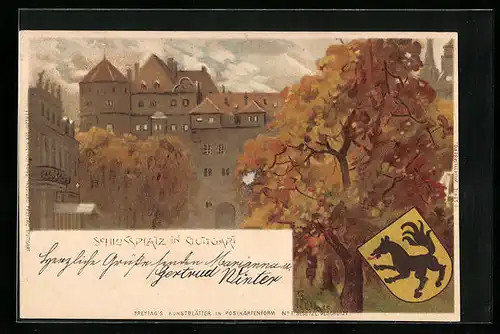 Künstler-AK Stuttgart, Schloss und Schlossplatz mit Wappen