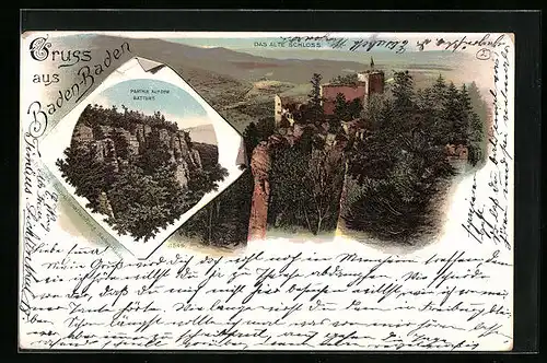 Lithographie Baden-Baden, Das alte Schloss, Partie auf dem Battert