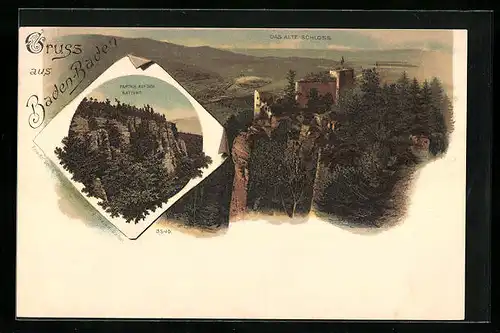 Lithographie Baden-Baden, Das alte Schloss, Partie auf dem Battert