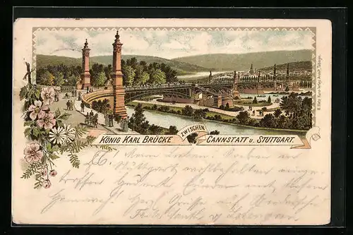 Lithographie Cannstatt, König Karl Brücke zwischen Cannstatt und Stuttgart