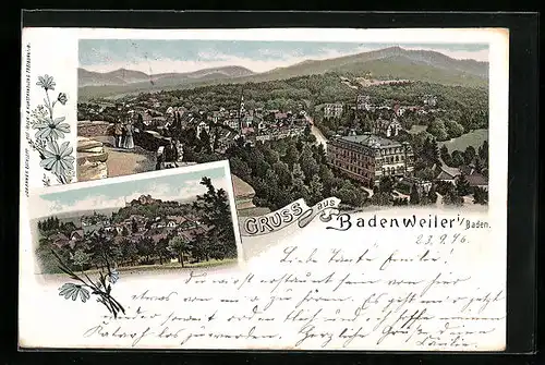 Lithographie Badenweiler i. Baden, Panorama, Teilansicht