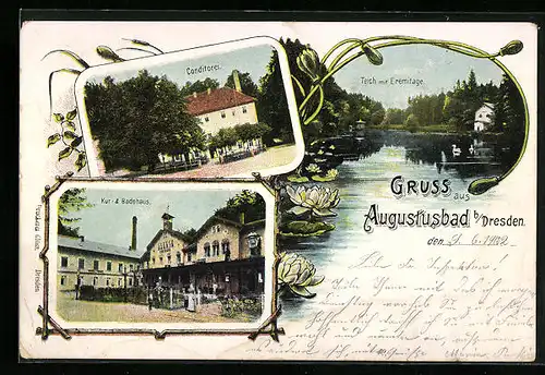AK Augustusbad b. Dresden, Kur- & Badehaus, Konditorei, Teich mit Eremitage