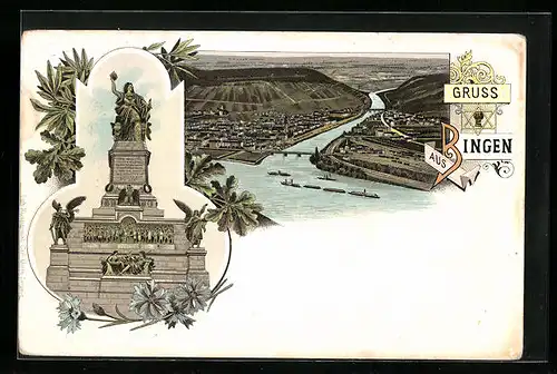 Lithographie Bingen, Teilansicht, Denkmal