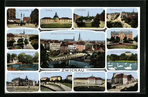 AK Zwickau, Hauptmarkt, Albertplatz, Bismarck Denkmal