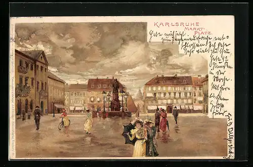 Künstler-AK Carl Münch: Karlsruhe, Marktplatz mit Passanten bei Regen