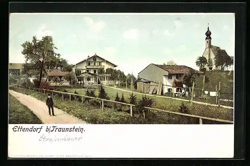 AK Ettendorf b. Traunstein, Ortsansicht mit Kirche