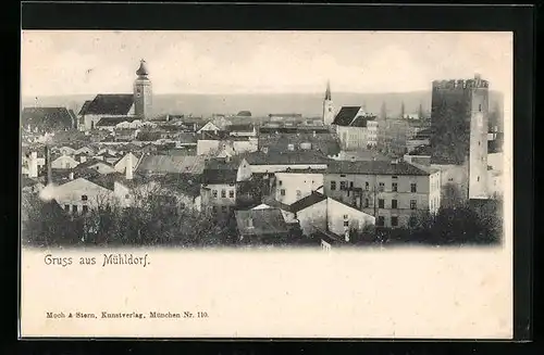 AK Mühldorf, Ortsansicht mit Turm und Kirche