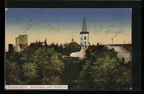 AK Pfeddersheim, Stadtmauer und Kirchturm