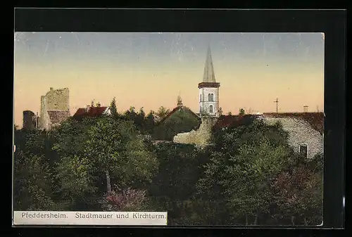 AK Pfeddersheim, Stadtmauer und Kirchturm