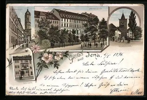 Lithographie Jena, Gasthaus zur Rose, Affenthurm, Universität