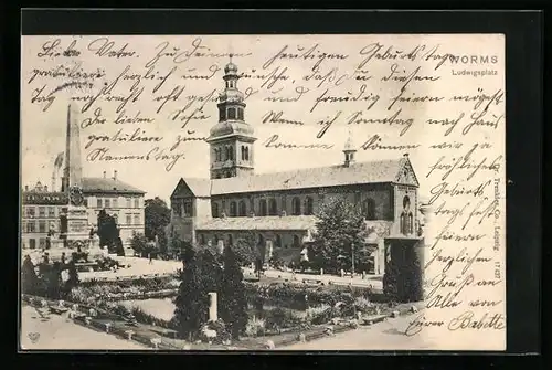 AK Worms, Ludwigsplatz mit Kirche