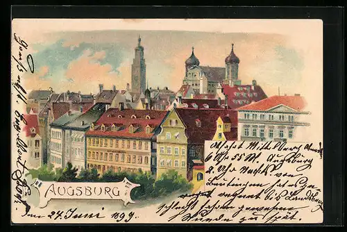Lithographie Augsburg, Teilansicht mit Kirche