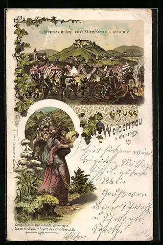 Lithographie Weinsberg, Belagerung der Burg Weibertreu durch Kaiser Conrad III anno 1140