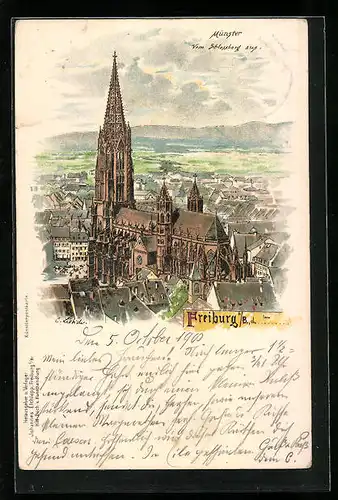 Lithographie Freiburg i. B., Münster vom Schlossberg aus