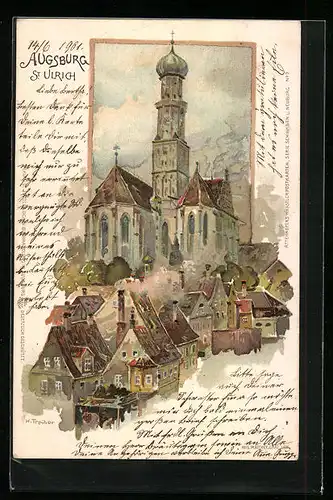 Künstler-AK Augsburg, Blick auf St. Ulrich