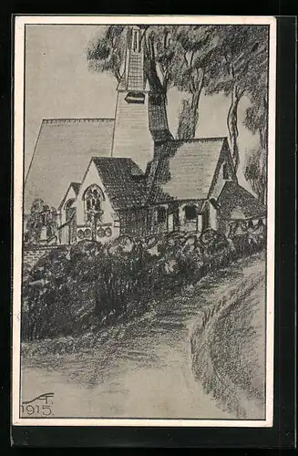 Künstler-AK Englos, Kirche im 14. Jahrh., Gez. v. Alfr. Steigerwald