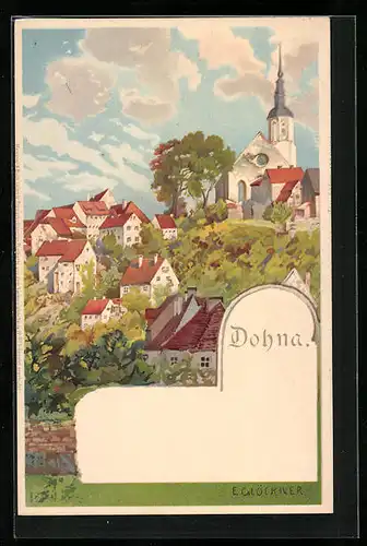 Künstler-AK Dohna, Ortspartie mit Kirche