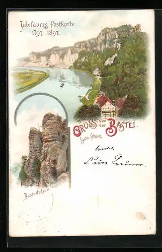 Lithographie Bastei /Sächs. Schweiz, Jubiläums-Postkarte 1797-1897, Basteifelsen