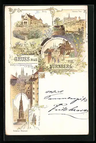 Lithographie Nürnberg, Burg, Neues Thor, Schöner Brunnen
