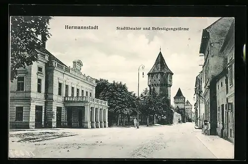 AK Hermannstadt, Stadttheater und Befestigungstürme