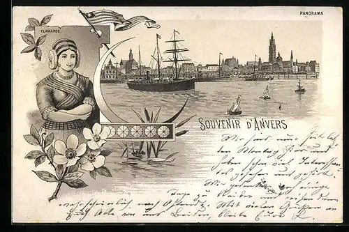 Lithographie Anvers, Hafenpartie mit Schiffen, Frau in Tracht