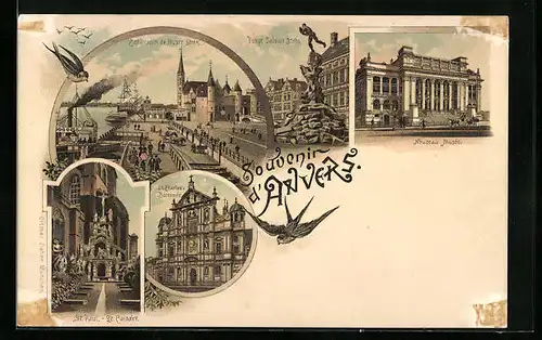 Lithographie Anvers, Embarcadere de Musee Steen, St. Charles-Borromee