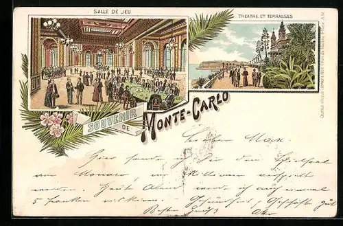 Lithographie Monte-Carlo, Salle de Jeu, Theatre et Terrasses