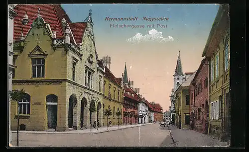 AK Hermannstadt, Fleischergasse mit Post