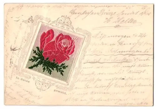 Seiden-AK Gruss mit roter Rose