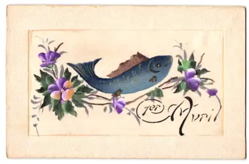 Seiden-AK 1er Avril, Fisch und Blumen