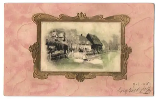 Seiden-AK Dorf-Idyll, Frau mit Kind vor Häusern
