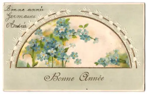 Seiden-AK Bonne Année, Blühende Vergissmeinnicht