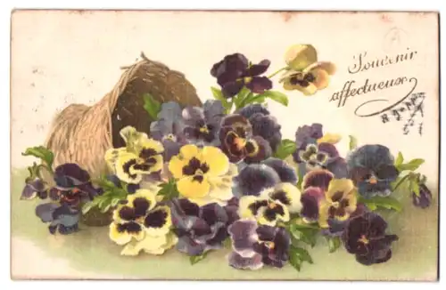 Seiden-AK Souvenir affectueux, Glückwunsch mit Stiefmütterchen