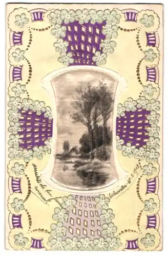 Seiden-AK Bäume und Haus am Wasser