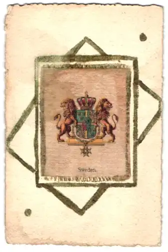 Seiden-AK Schweden, von Löwen flankiertes Wappen