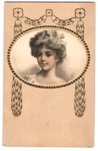 Seiden-AK Hübsche junge Frau mit Schleife im Haar