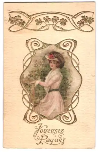 Seiden-AK Hübsche junge Frau mit Hut