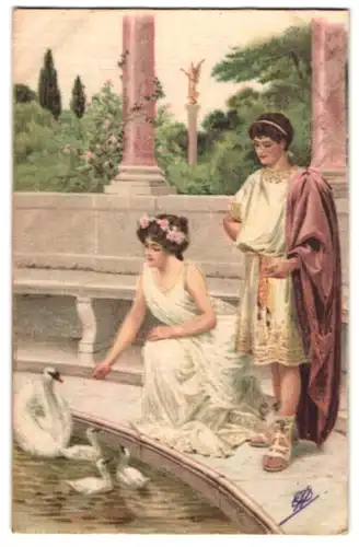 Seiden-AK Römisches Paar füttert Schwäne