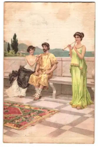 Seiden-AK Römisches Paar lauscht einer Flötistin